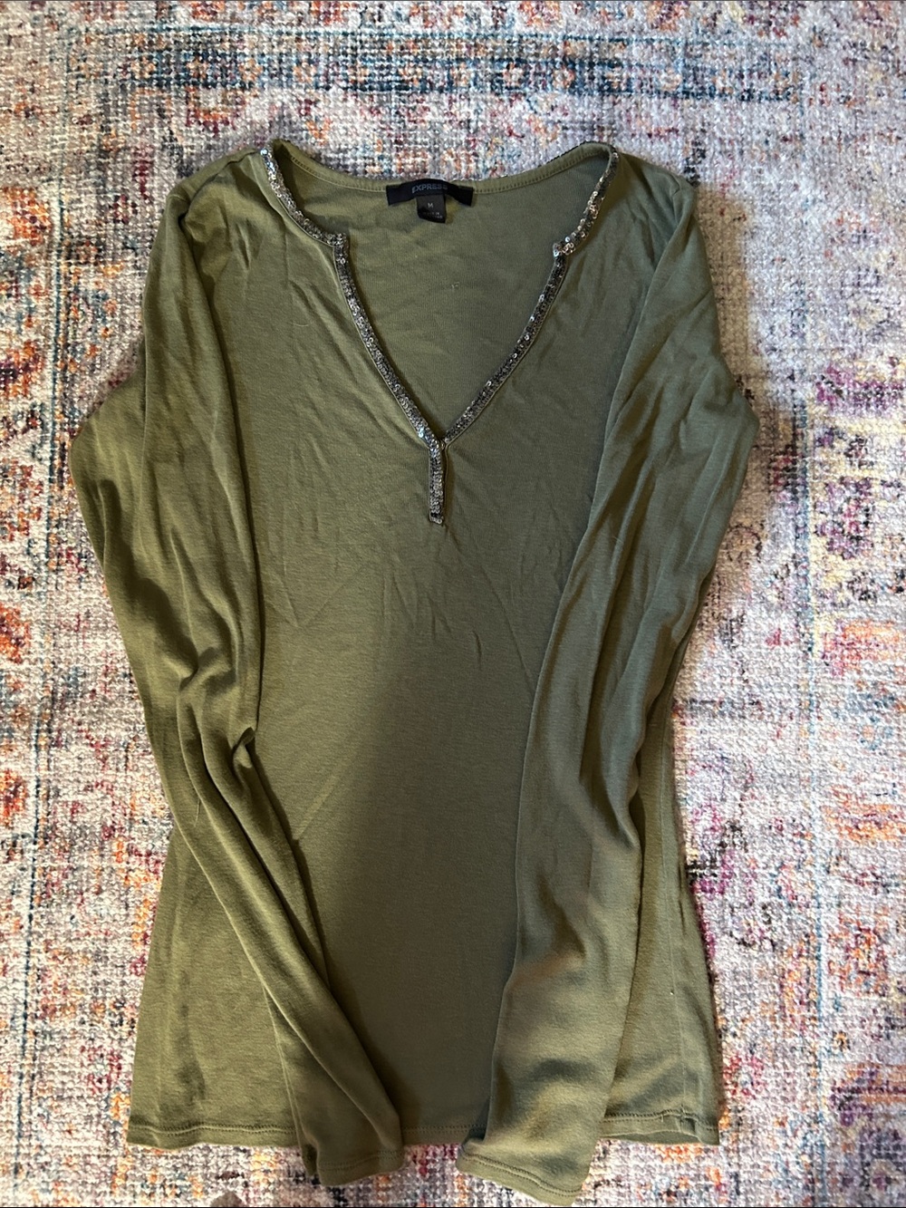 Express Olive Green Long-Sleeve V-Neck Top with Sequin Trim